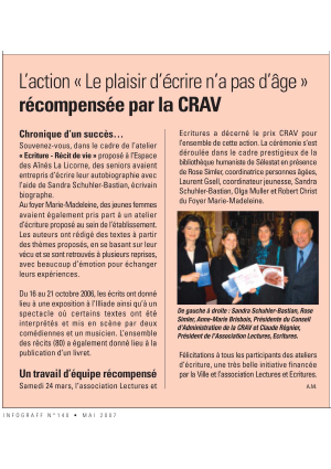 L'action Le plaisir d'écrire n'a pas d'âge récompensée par la CRAV - inforgraff - mai 2007